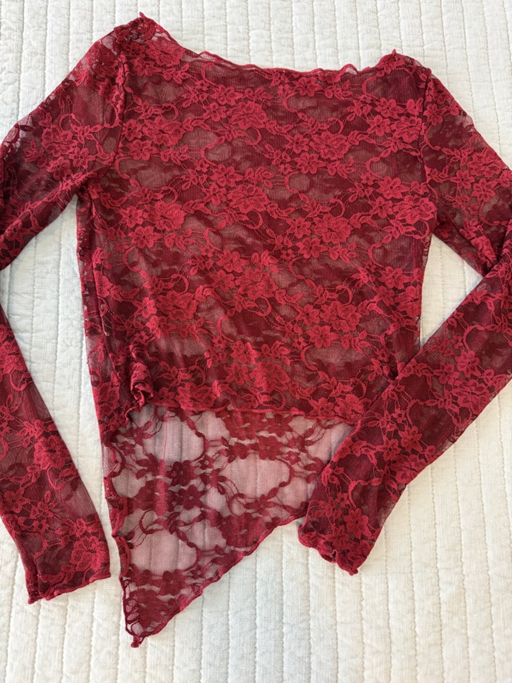 Sheer Lace Long-Sleeve Top in Deep Red
